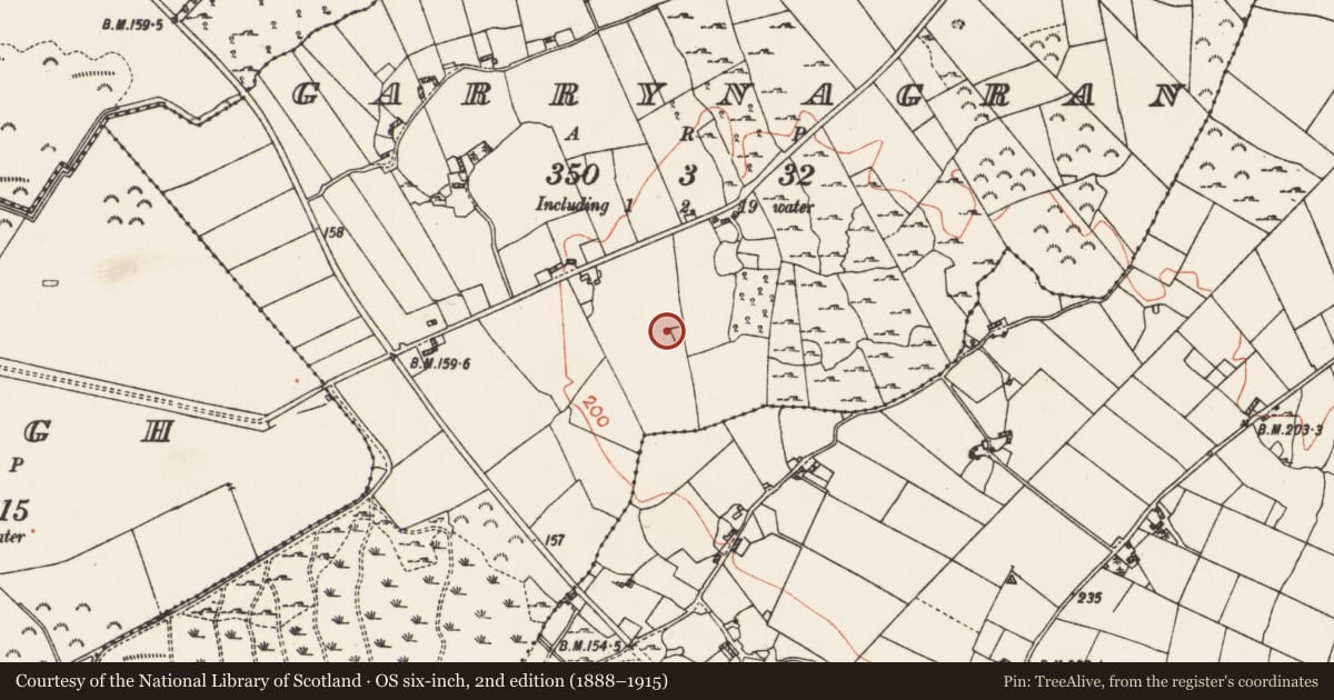 Ordnance Survey six-inch map, 2nd edition (1888–1915) covering the location of Barrow - mound barrow, Garrynagran, County Roscommon, with a pin at the register's coordinates