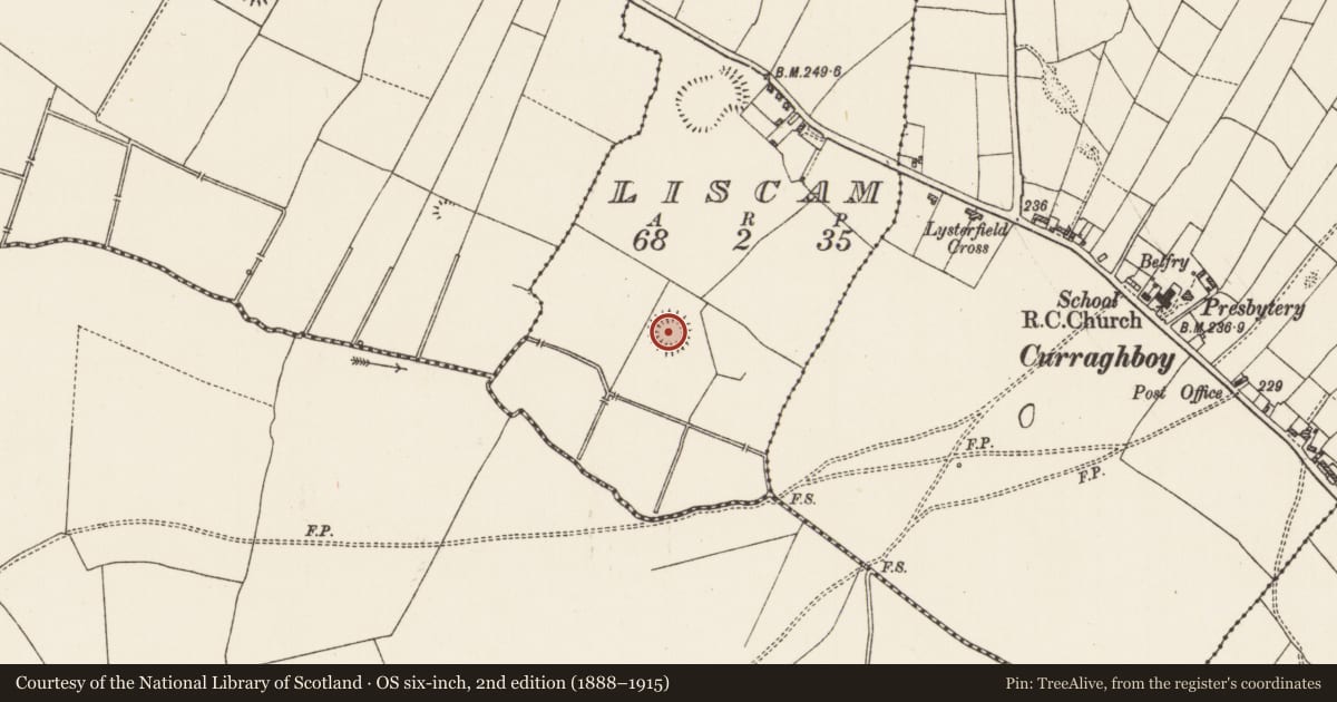 Ordnance Survey six-inch map, 2nd edition (1888–1915) covering the location of Ringfort - rath, Liscam, County Roscommon, with a pin at the register's coordinates