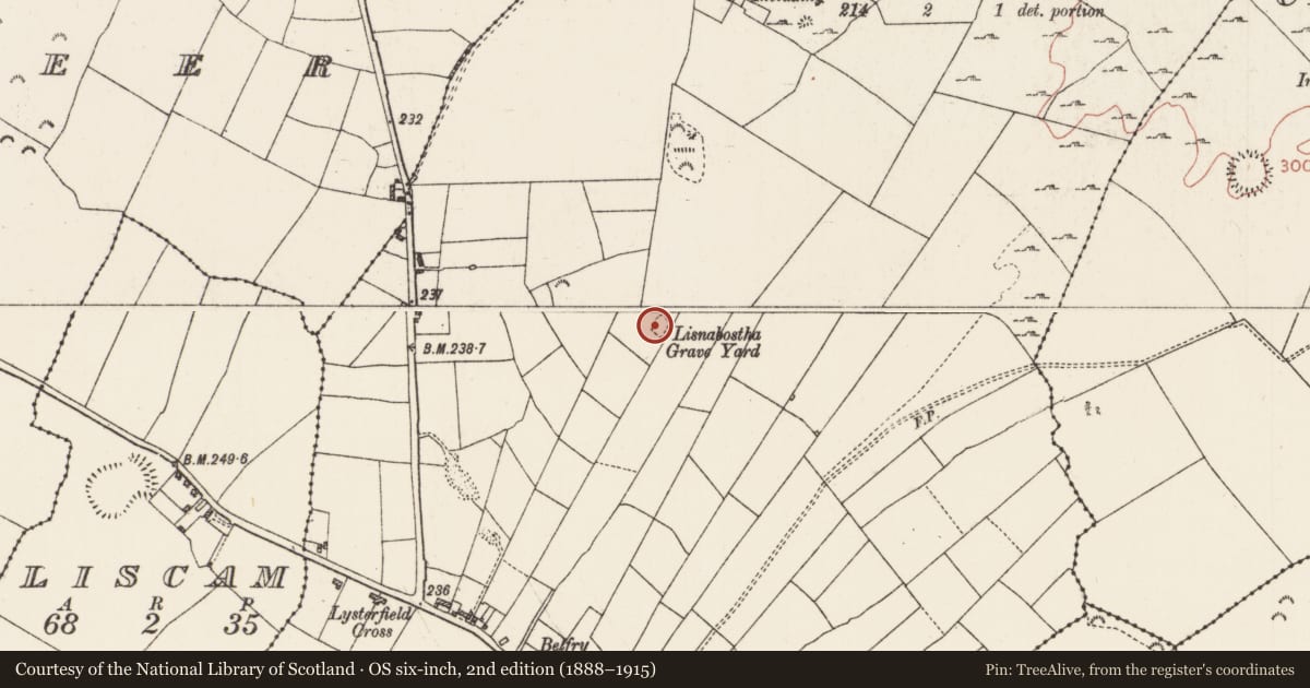 Ordnance Survey six-inch map, 2nd edition (1888–1915) covering the location of Children's burial ground, Carrick, County Roscommon, with a pin at the register's coordinates
