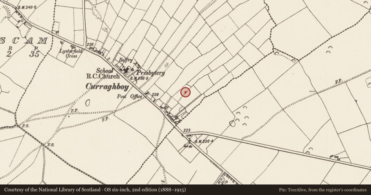 Ordnance Survey six-inch map, 2nd edition (1888–1915) covering the location of Sweathouse, Carrick, County Roscommon, with a pin at the register's coordinates