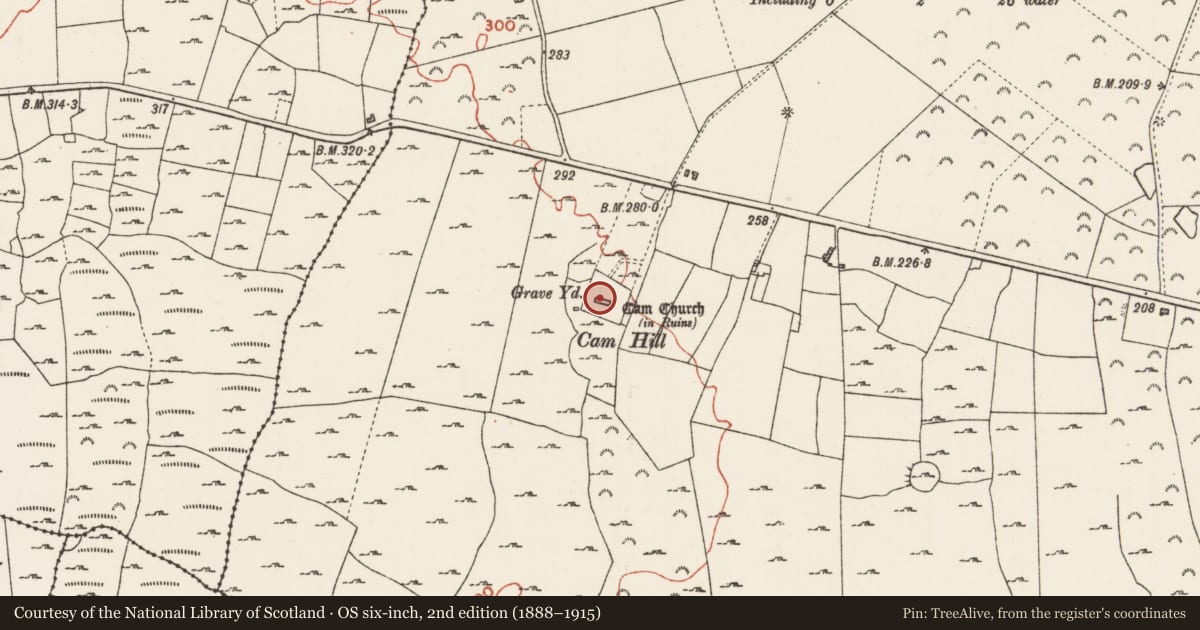 Ordnance Survey six-inch map, 2nd edition (1888–1915) covering the location of Church, Cam, County Roscommon, with a pin at the register's coordinates