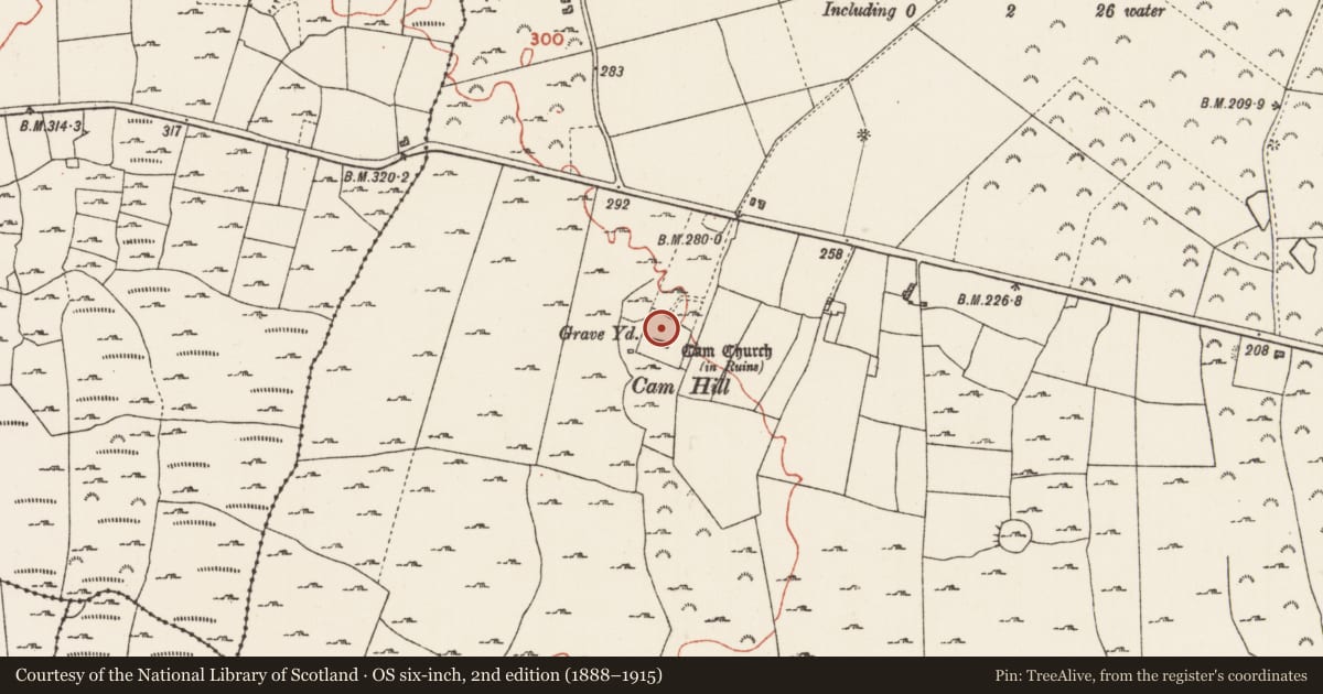 Ordnance Survey six-inch map, 2nd edition (1888–1915) covering the location of Graveyard, Cam, County Roscommon, with a pin at the register's coordinates