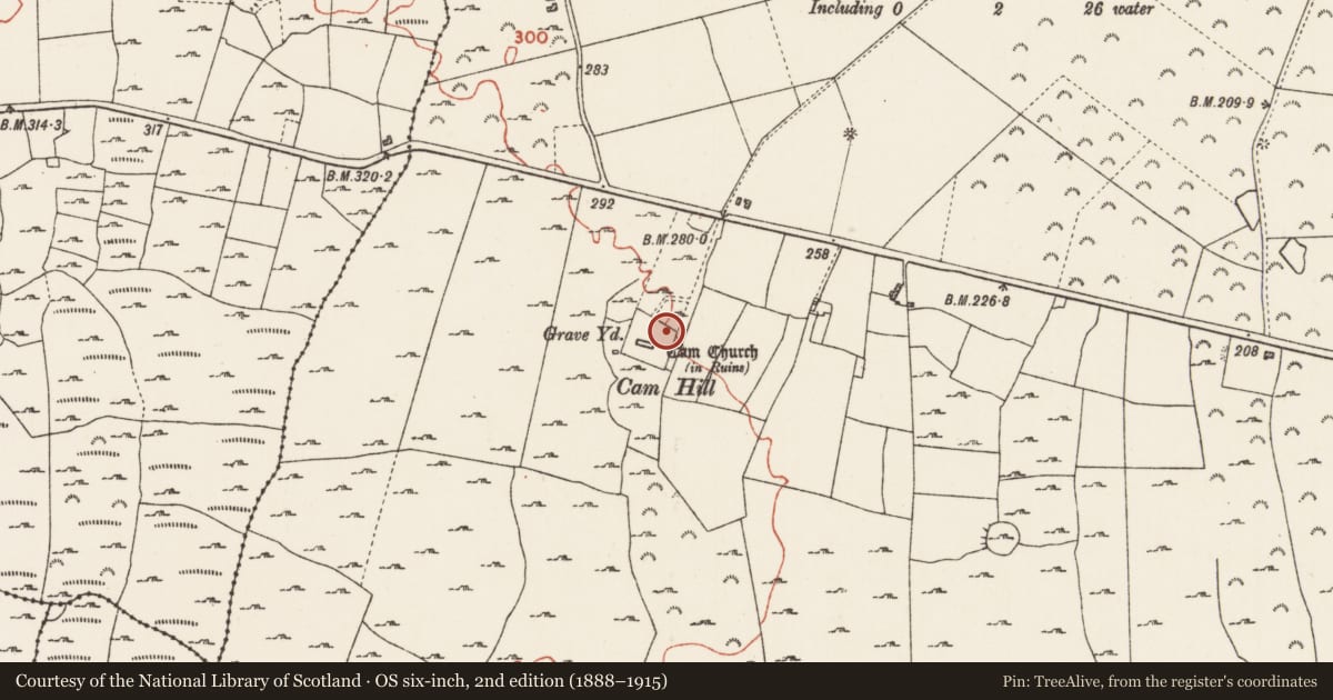 Ordnance Survey six-inch map, 2nd edition (1888–1915) covering the location of Ecclesiastical enclosure, Cam, County Roscommon, with a pin at the register's coordinates