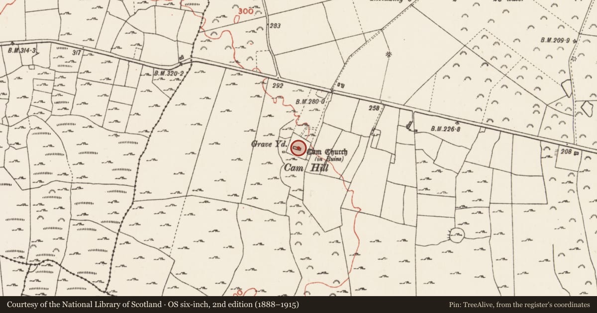 Ordnance Survey six-inch map, 2nd edition (1888–1915) covering the location of Graveslab, Cam, County Roscommon, with a pin at the register's coordinates