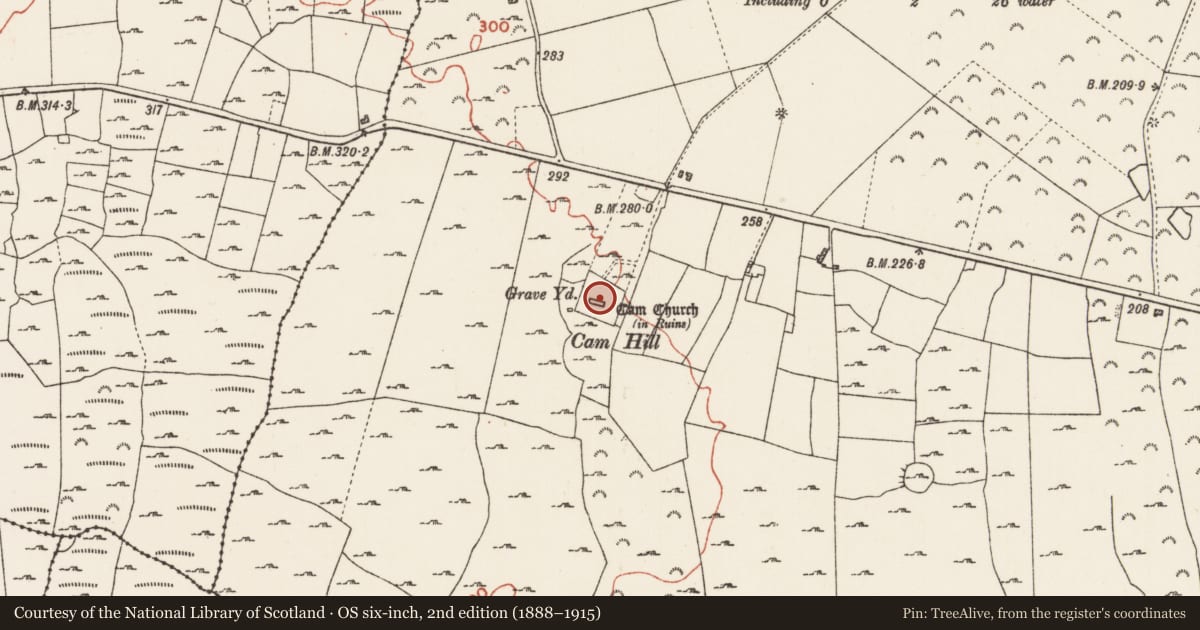 Ordnance Survey six-inch map, 2nd edition (1888–1915) covering the location of Font, Cam, County Roscommon, with a pin at the register's coordinates