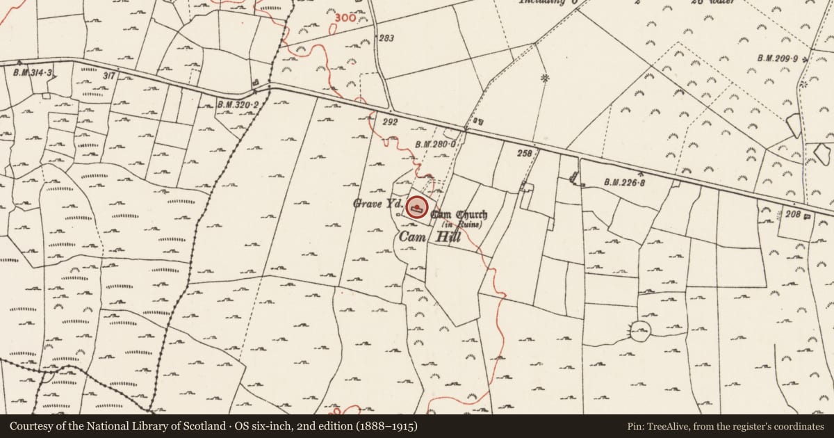 Ordnance Survey six-inch map, 2nd edition (1888–1915) covering the location of Architectural fragment, Cam, County Roscommon, with a pin at the register's coordinates