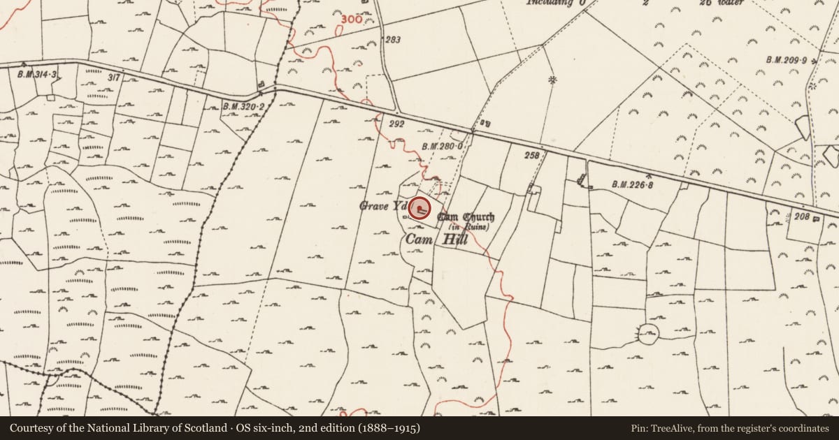 Ordnance Survey six-inch map, 2nd edition (1888–1915) covering the location of Bullaun stone, Cam, County Roscommon, with a pin at the register's coordinates