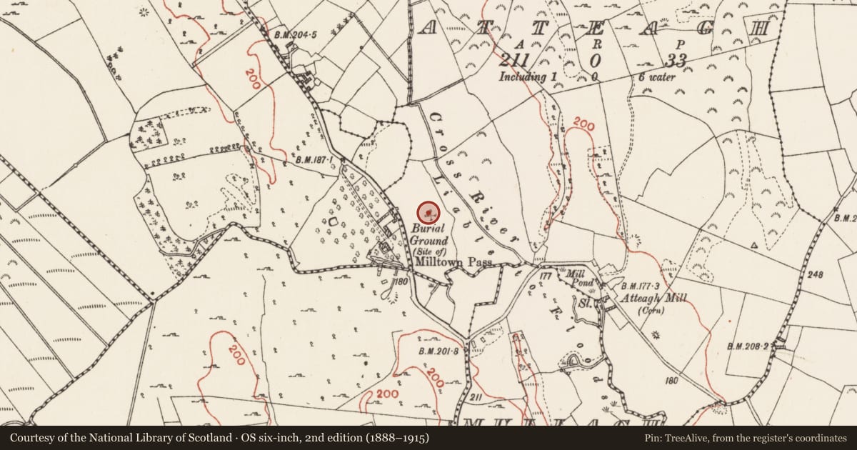 Ordnance Survey six-inch map, 2nd edition (1888–1915) covering the location of Burial ground, Atteagh, County Roscommon, with a pin at the register's coordinates