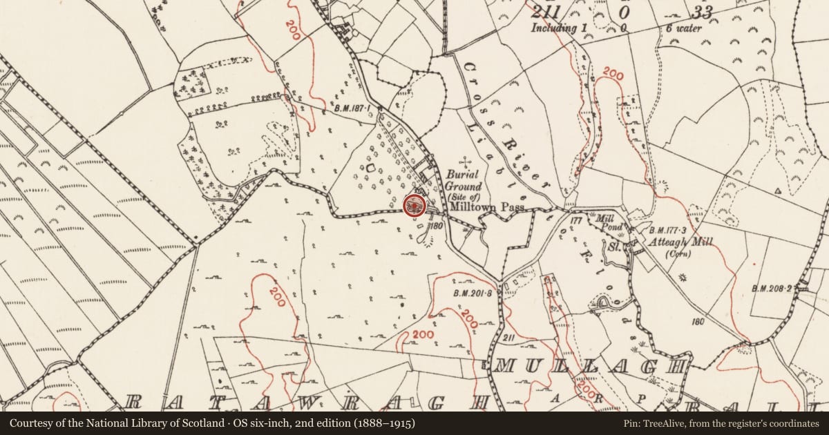Ordnance Survey six-inch map, 2nd edition (1888–1915) covering the location of Water mill - vertical-wheeled, Derryglad, Ratawragh, County Roscommon, with a pin at the register's coordinates