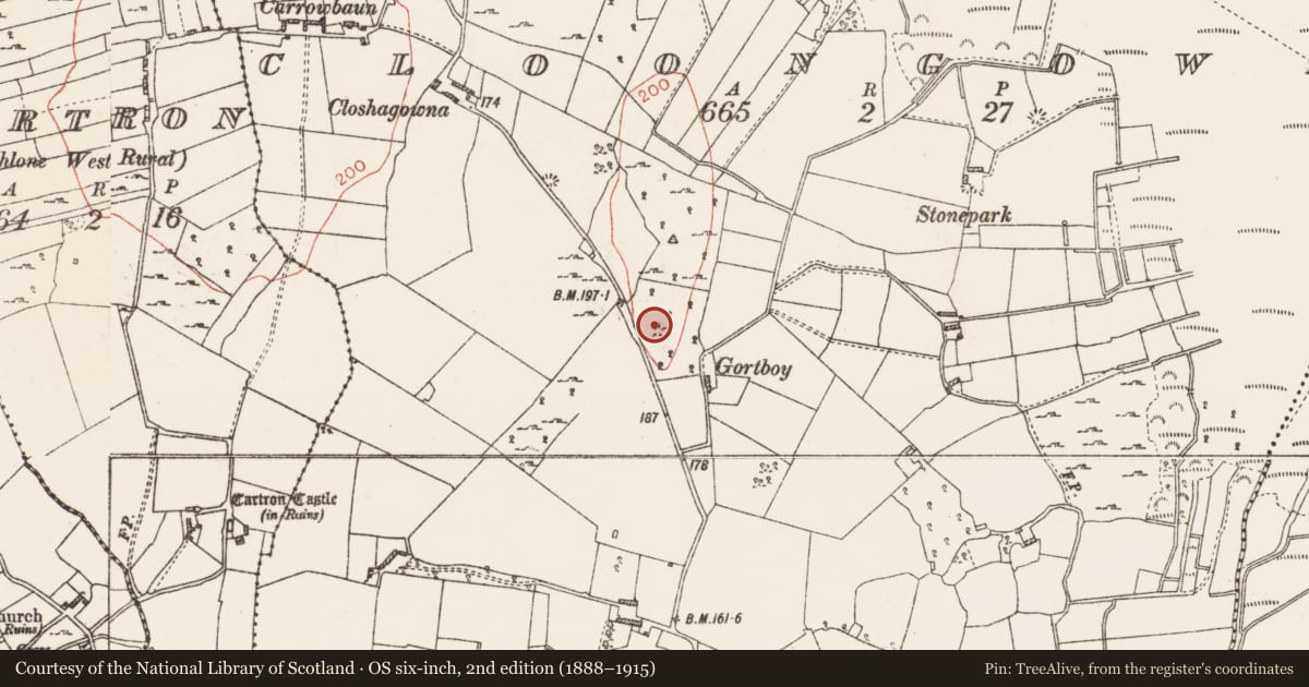 Ordnance Survey six-inch map, 2nd edition (1888–1915) covering the location of Enclosure, Cloongowna, County Roscommon, with a pin at the register's coordinates