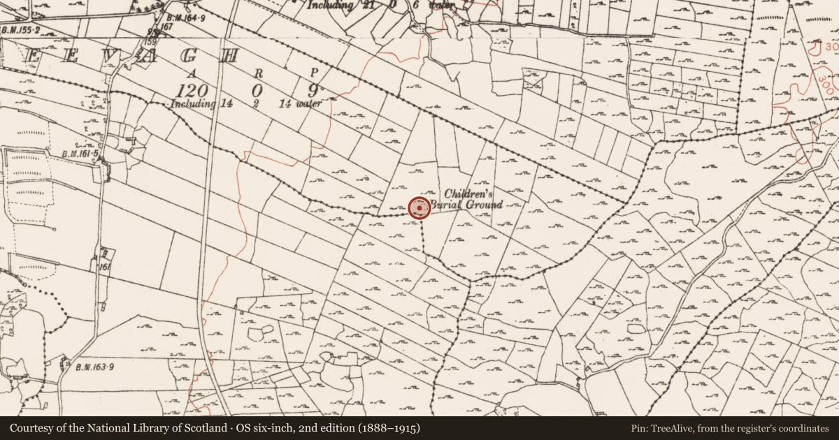 Ordnance Survey six-inch map, 2nd edition (1888–1915) covering the location of Children's burial ground, Feevagh, County Roscommon, with a pin at the register's coordinates