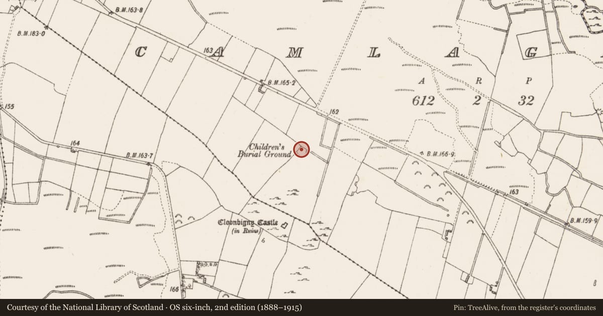 Ordnance Survey six-inch map, 2nd edition (1888–1915) covering the location of Children's burial ground, Camlagh, County Roscommon, with a pin at the register's coordinates
