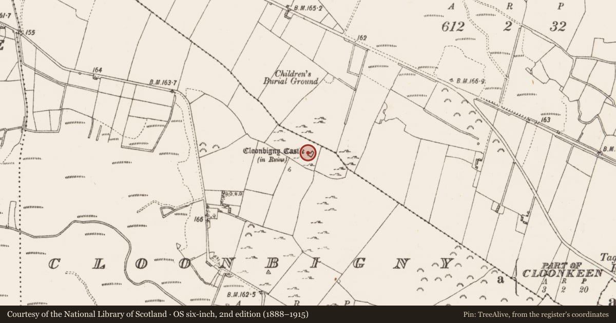 Ordnance Survey six-inch map, 2nd edition (1888–1915) covering the location of Castle - tower house, Cloonbigny, County Roscommon, with a pin at the register's coordinates