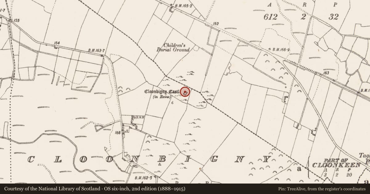 Ordnance Survey six-inch map, 2nd edition (1888–1915) covering the location of House - 16th/17th century, Cloonbigny, County Roscommon, with a pin at the register's coordinates