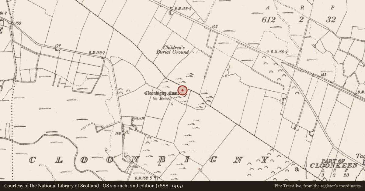 Ordnance Survey six-inch map, 2nd edition (1888–1915) covering the location of Bawn, Cloonbigny, County Roscommon, with a pin at the register's coordinates