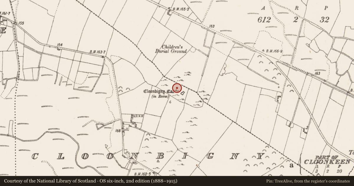 Ordnance Survey six-inch map, 2nd edition (1888–1915) covering the location of Gatehouse, Cloonbigny, County Roscommon, with a pin at the register's coordinates