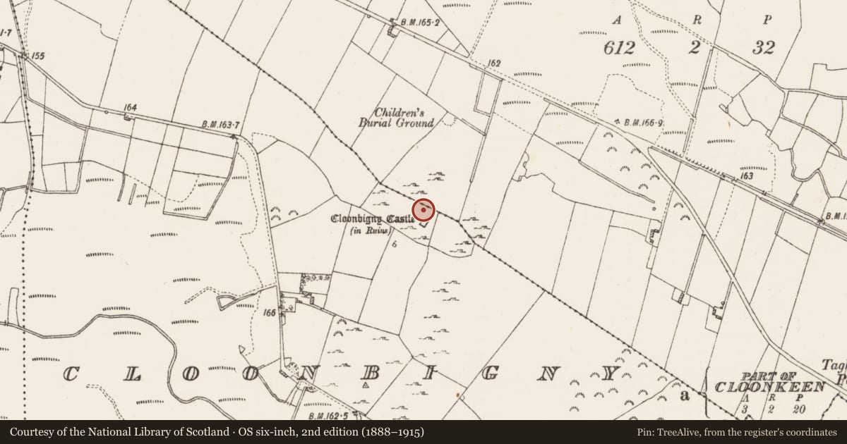 Ordnance Survey six-inch map, 2nd edition (1888–1915) covering the location of Building, Cloonbigny, County Roscommon, with a pin at the register's coordinates