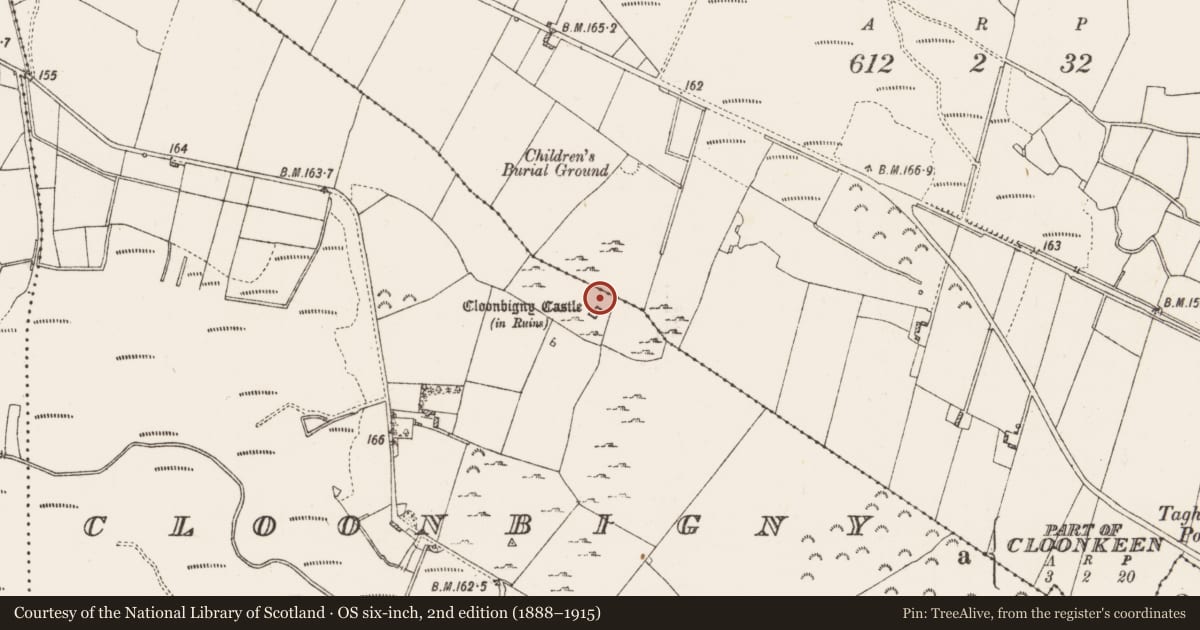 Ordnance Survey six-inch map, 2nd edition (1888–1915) covering the location of Structure, Cloonbigny, County Roscommon, with a pin at the register's coordinates