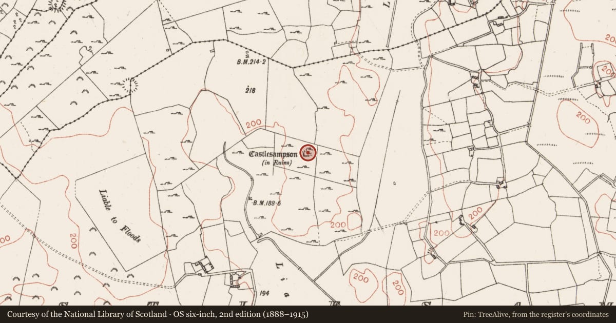 Ordnance Survey six-inch map, 2nd edition (1888–1915) covering the location of Castle - tower house, Castlesampson, County Roscommon, with a pin at the register's coordinates