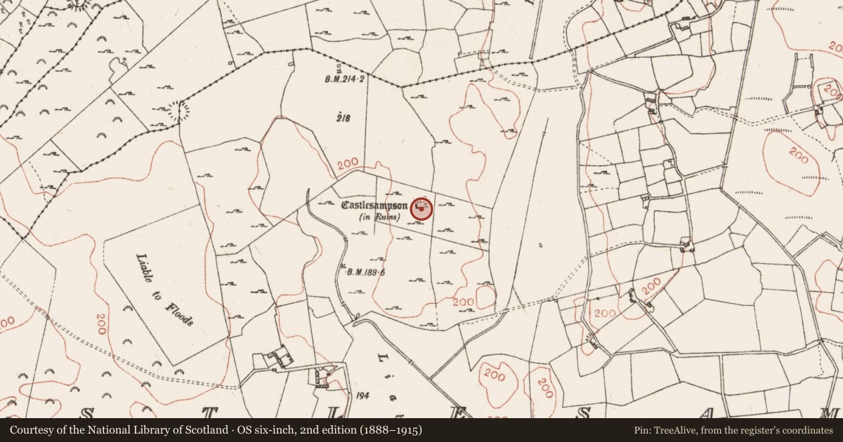 Ordnance Survey six-inch map, 2nd edition (1888–1915) covering the location of Bawn, Castlesampson, County Roscommon, with a pin at the register's coordinates