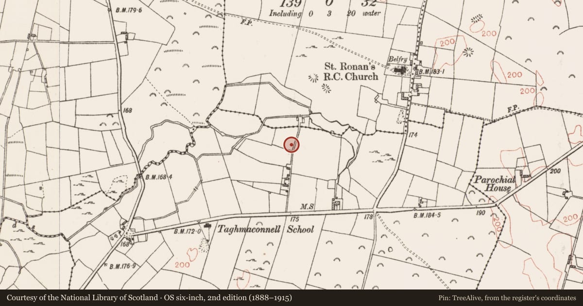Ordnance Survey six-inch map, 2nd edition (1888–1915) covering the location of Road - road/trackway, Dundonnell, County Roscommon, with a pin at the register's coordinates