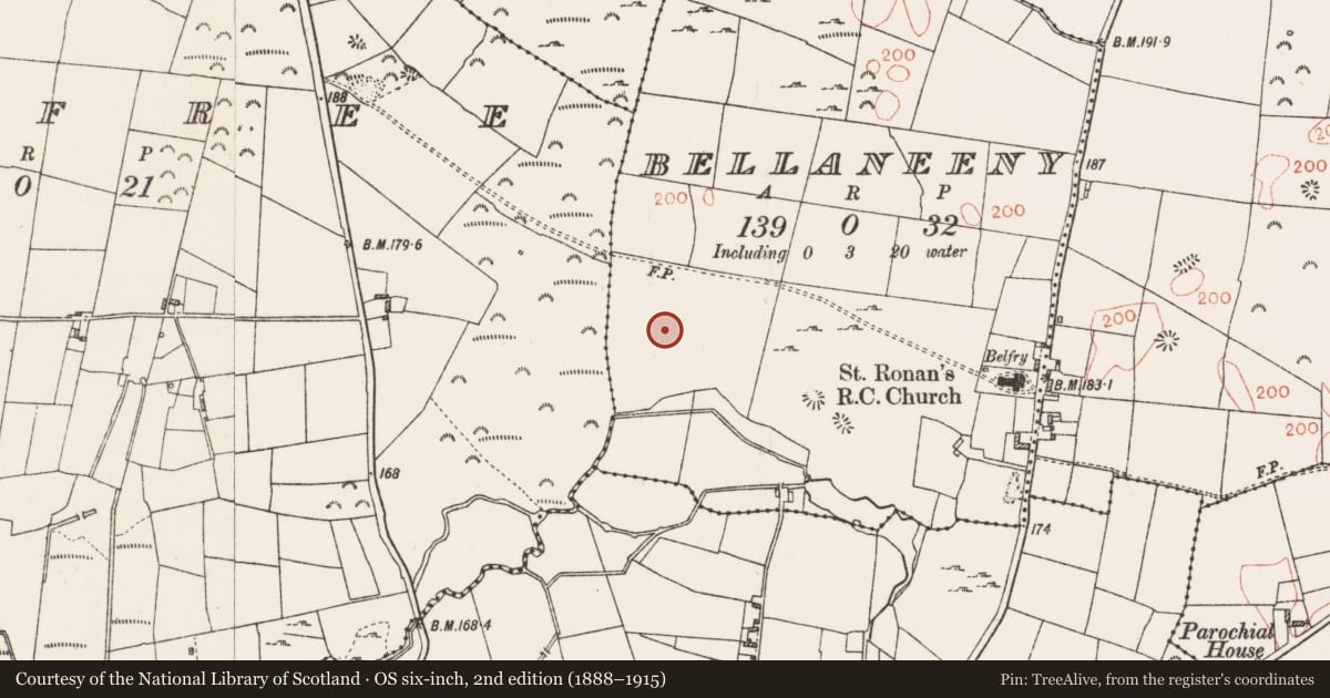 Ordnance Survey six-inch map, 2nd edition (1888–1915) covering the location of House - indeterminate date, Bellaneeny, County Roscommon, with a pin at the register's coordinates