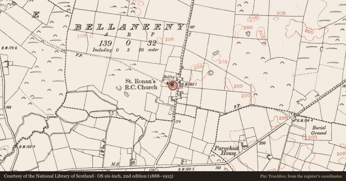 Ordnance Survey six-inch map, 2nd edition (1888–1915) covering the location of Stoup (present location), Bellaneeny, County Roscommon, with a pin at the register's coordinates