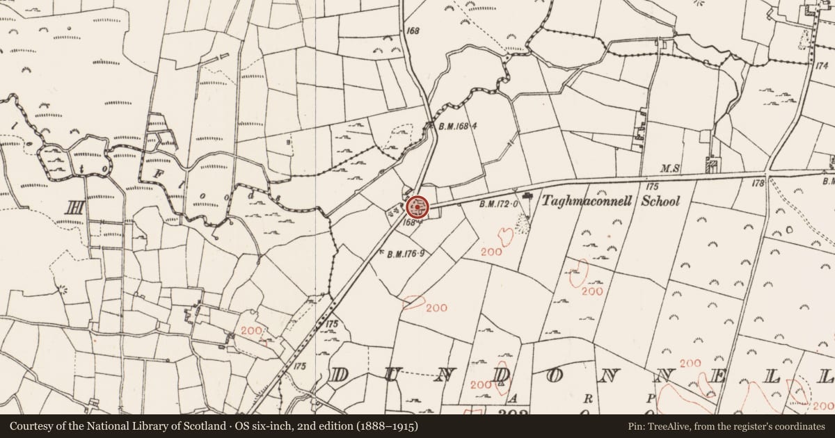 Ordnance Survey six-inch map, 2nd edition (1888–1915) covering the location of Architectural fragment, Dundonnell, County Roscommon, with a pin at the register's coordinates