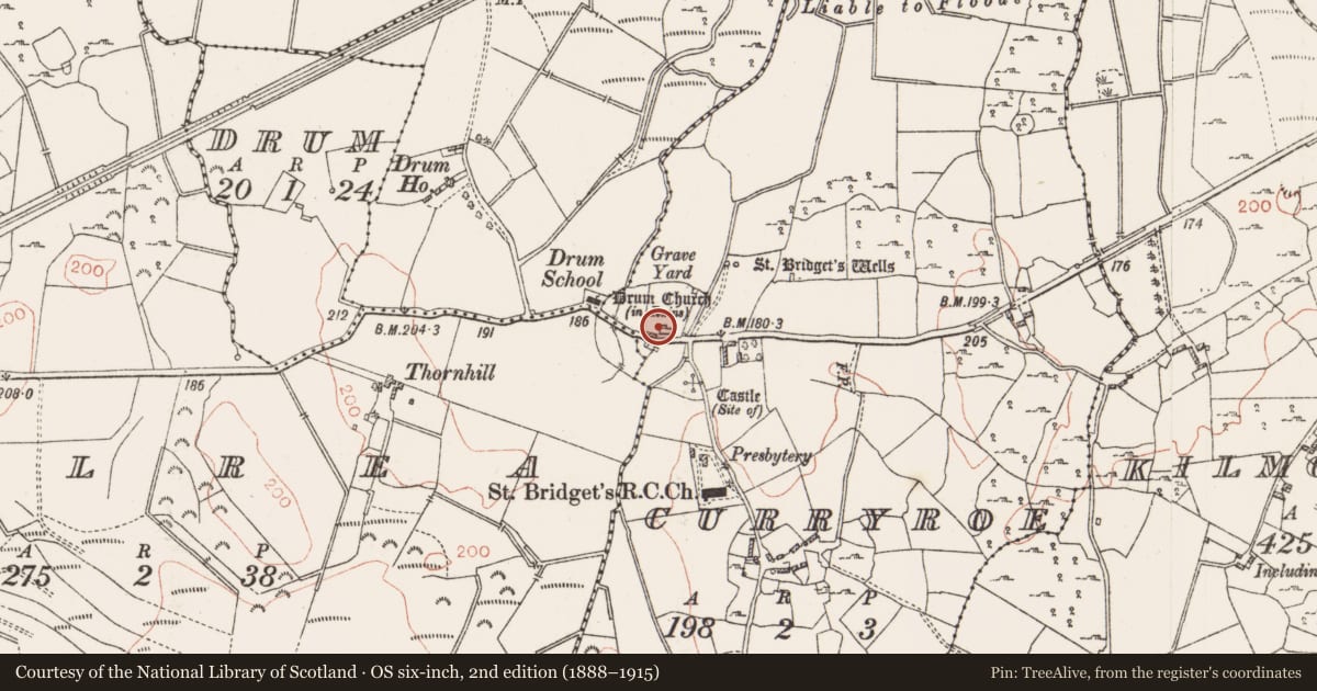 Ordnance Survey six-inch map, 2nd edition (1888–1915) covering the location of Church, Curryroe, County Roscommon, with a pin at the register's coordinates