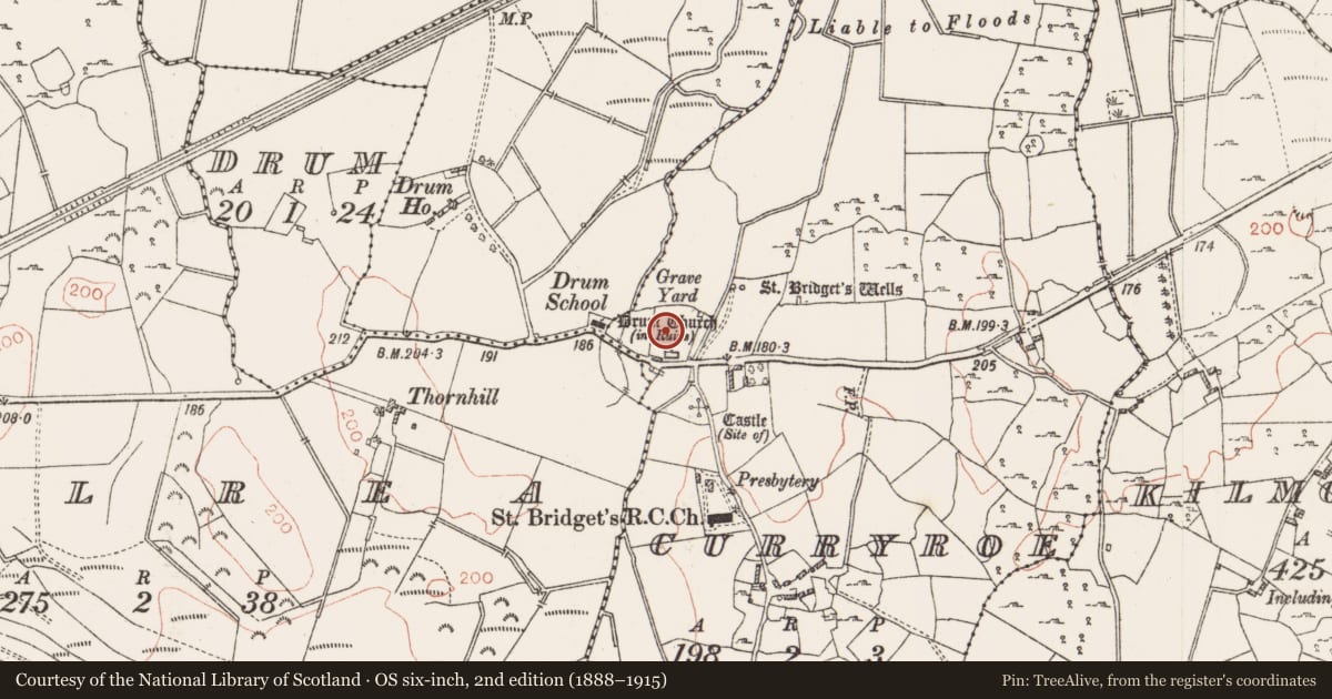 Ordnance Survey six-inch map, 2nd edition (1888–1915) covering the location of Graveyard, Curryroe, County Roscommon, with a pin at the register's coordinates