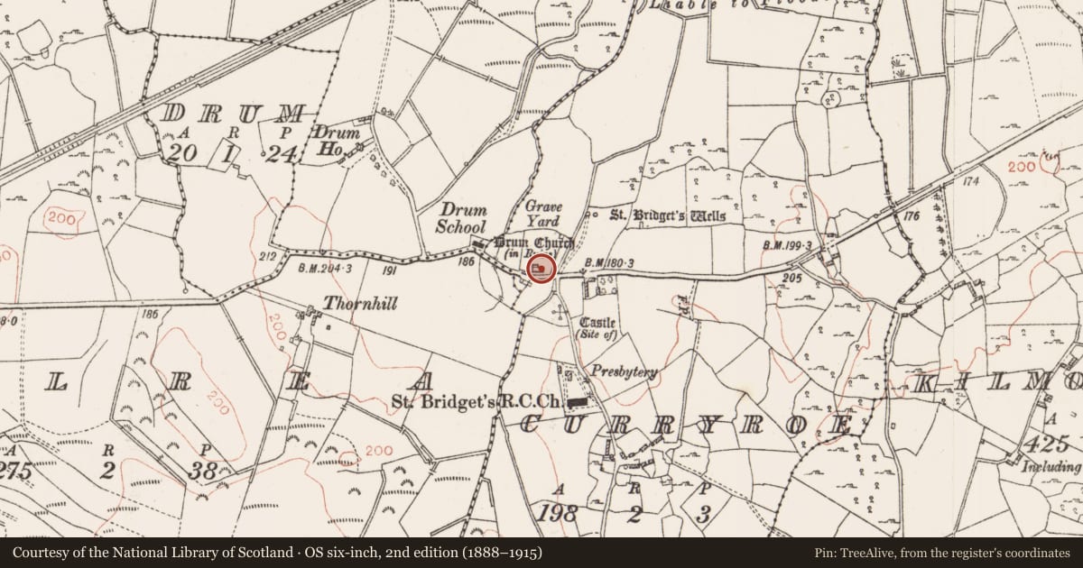 Ordnance Survey six-inch map, 2nd edition (1888–1915) covering the location of Ecclesiastical enclosure, County Roscommon, with a pin at the register's coordinates