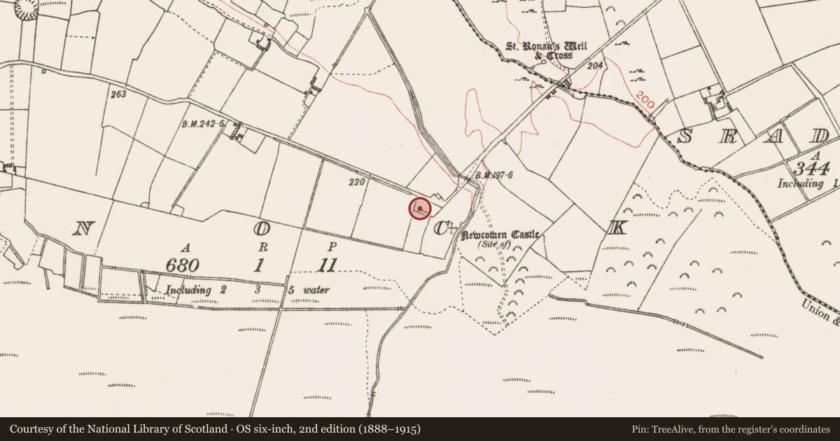 Ordnance Survey six-inch map, 2nd edition (1888–1915) covering the location of Castle - unclassified, Knock, County Roscommon, with a pin at the register's coordinates