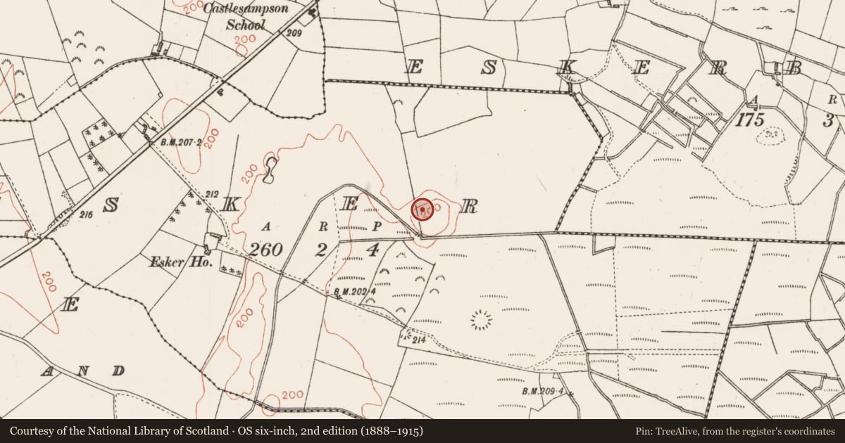 Ordnance Survey six-inch map, 2nd edition (1888–1915) covering the location of Ringfort - rath, Esker, County Roscommon, with a pin at the register's coordinates