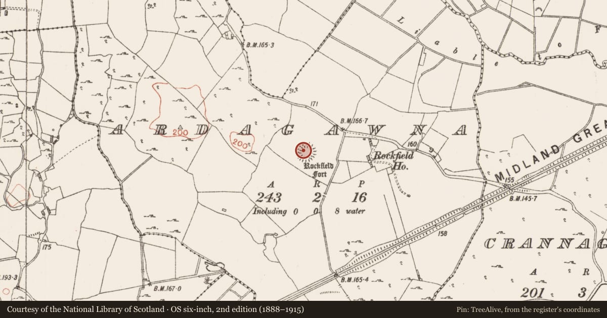 Ordnance Survey six-inch map, 2nd edition (1888–1915) covering the location of Ringfort - rath, Ardagawna, County Roscommon, with a pin at the register's coordinates