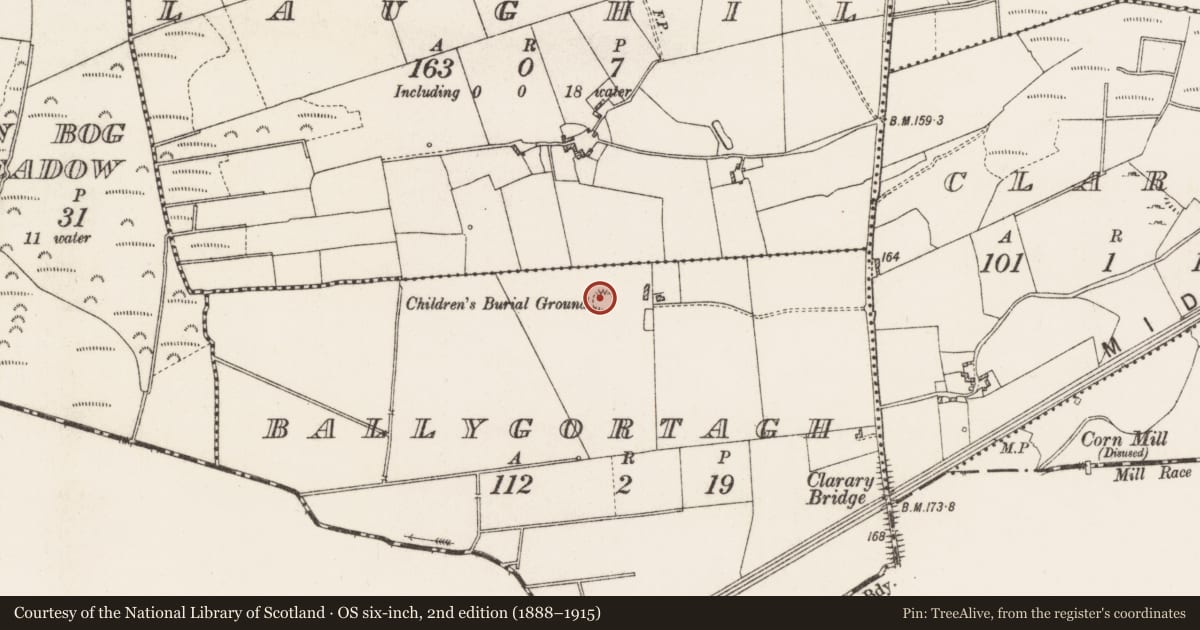 Ordnance Survey six-inch map, 2nd edition (1888–1915) covering the location of Children's burial ground, Ballygortagh, County Roscommon, with a pin at the register's coordinates