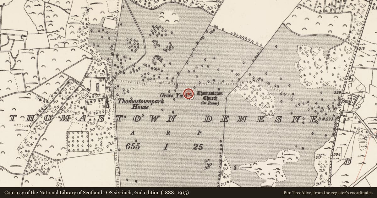 Ordnance Survey six-inch map, 2nd edition (1888–1915) covering the location of Church, Thomastown Demesne, County Roscommon, with a pin at the register's coordinates