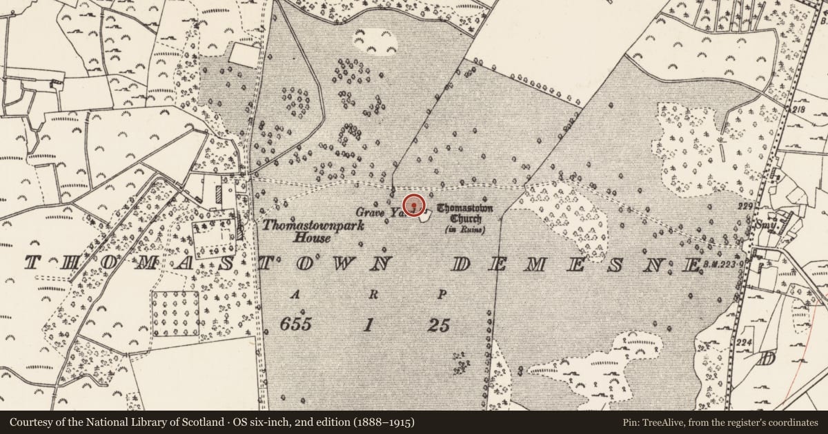 Ordnance Survey six-inch map, 2nd edition (1888–1915) covering the location of Enclosure, Thomastown Demesne, County Roscommon, with a pin at the register's coordinates