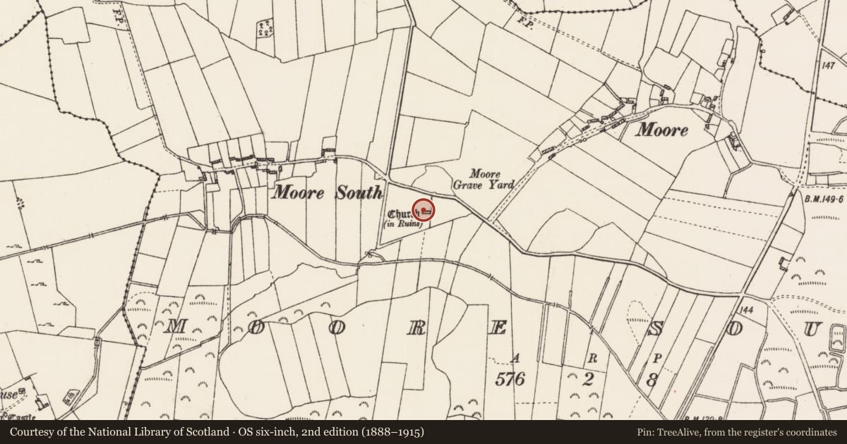 Ordnance Survey six-inch map, 2nd edition (1888–1915) covering the location of Church, Moore South, County Roscommon, with a pin at the register's coordinates