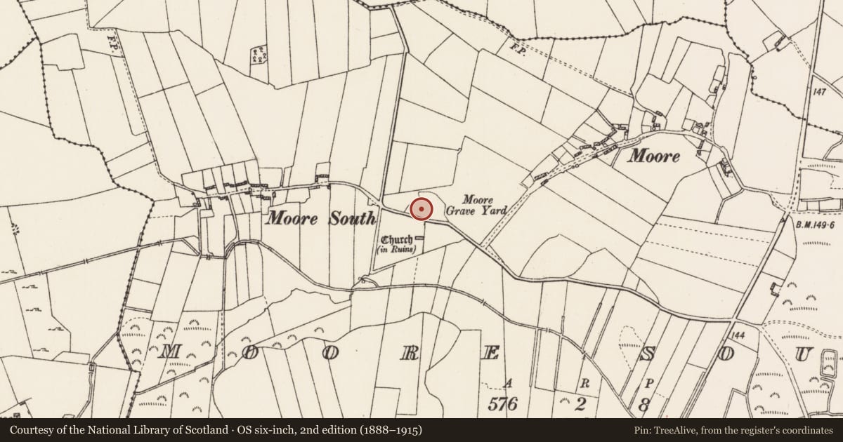 Ordnance Survey six-inch map, 2nd edition (1888–1915) covering the location of Graveyard, Moore South, County Roscommon, with a pin at the register's coordinates
