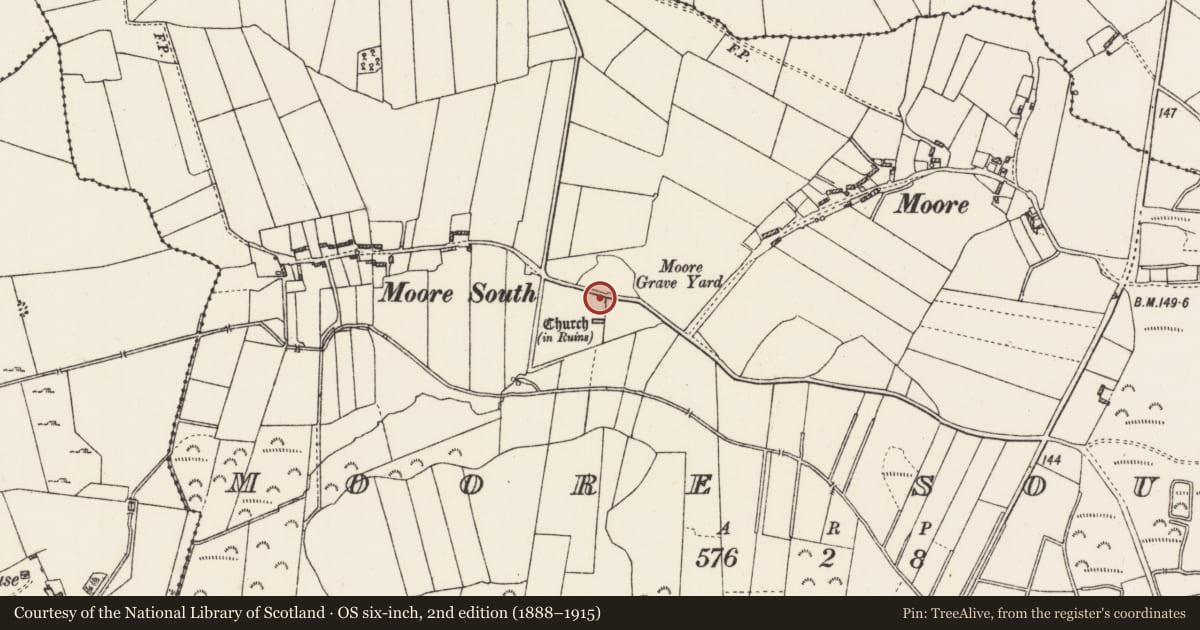 Ordnance Survey six-inch map, 2nd edition (1888–1915) covering the location of Ecclesiastical enclosure, Moore South, County Roscommon, with a pin at the register's coordinates