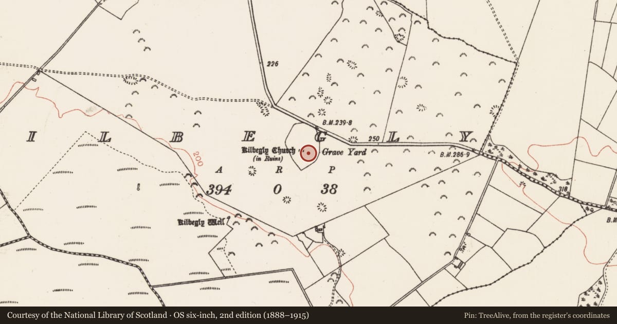 Ordnance Survey six-inch map, 2nd edition (1888–1915) covering the location of Graveyard, Kilbegly, County Roscommon, with a pin at the register's coordinates