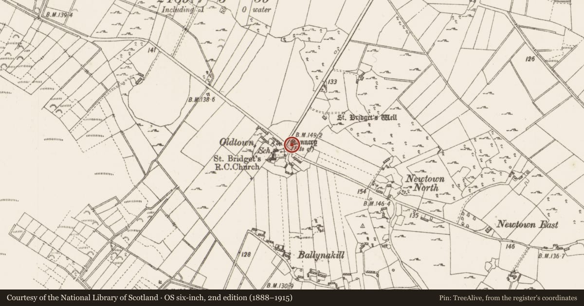 Ordnance Survey six-inch map, 2nd edition (1888–1915) covering the location of Cross-slab, Cloonown, County Roscommon, with a pin at the register's coordinates