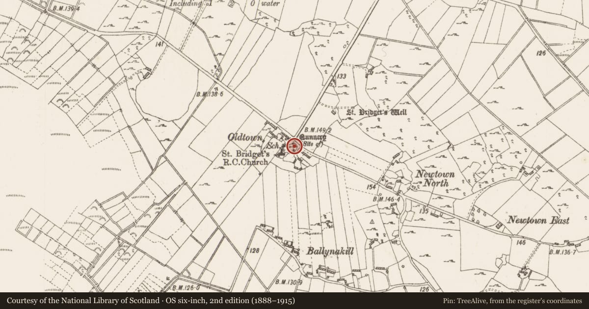 Ordnance Survey six-inch map, 2nd edition (1888–1915) covering the location of Ecclesiastical enclosure, Cloonown, County Roscommon, with a pin at the register's coordinates