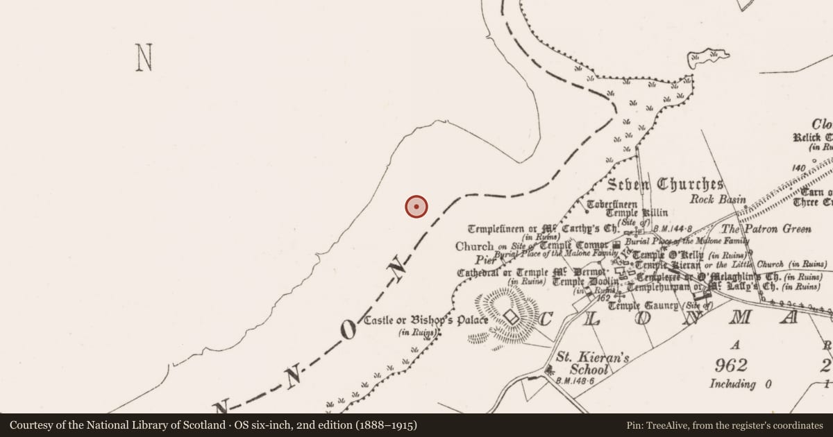 Ordnance Survey six-inch map, 2nd edition (1888–1915) covering the location of Bridge, Coolumber, County Roscommon, with a pin at the register's coordinates