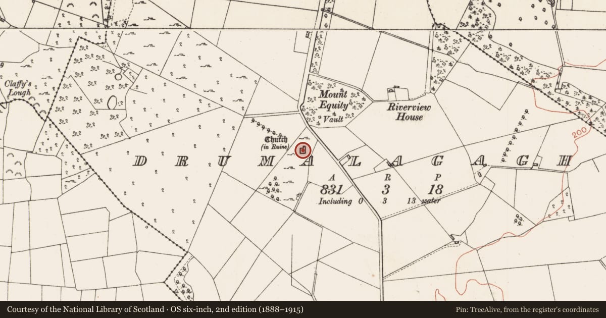Ordnance Survey six-inch map, 2nd edition (1888–1915) covering the location of Religious house - Augustinian, of Arrouaise nuns, Drumalagagh, County Roscommon, with a pin at the register's coordinates