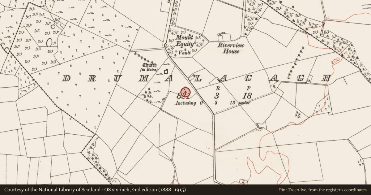 Ordnance Survey six-inch map, 2nd edition (1888–1915) covering the location of Building, Drumalagagh, County Roscommon, with a pin at the register's coordinates
