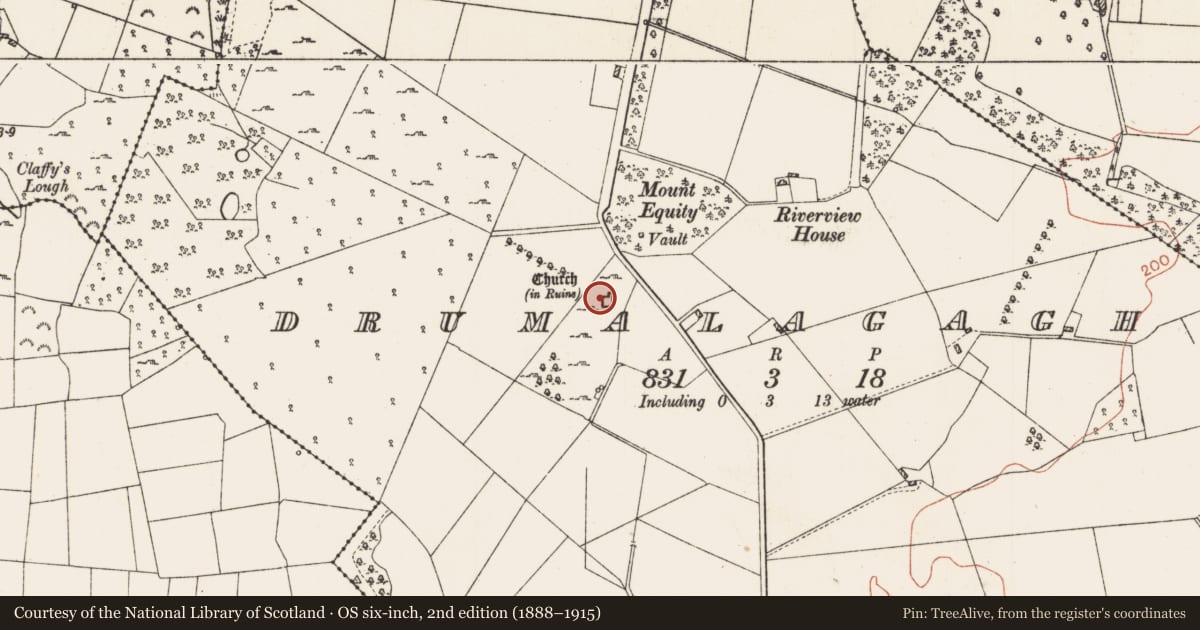 Ordnance Survey six-inch map, 2nd edition (1888–1915) covering the location of Hut site, Drumalagagh, County Roscommon, with a pin at the register's coordinates
