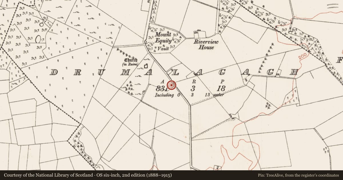 Ordnance Survey six-inch map, 2nd edition (1888–1915) covering the location of Building, Drumalagagh, County Roscommon, with a pin at the register's coordinates