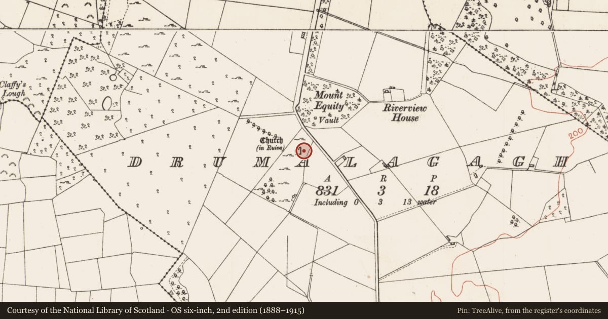 Ordnance Survey six-inch map, 2nd edition (1888–1915) covering the location of Enclosure, Drumalagagh, County Roscommon, with a pin at the register's coordinates