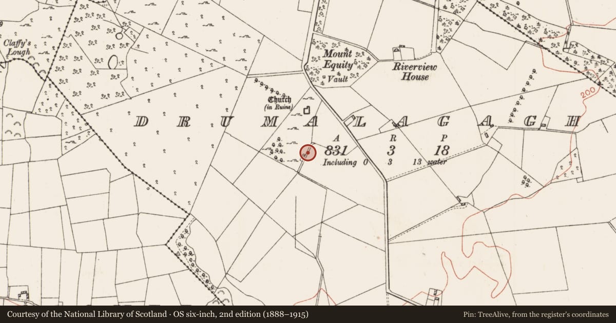 Ordnance Survey six-inch map, 2nd edition (1888–1915) covering the location of Watercourse, Drumalagagh, County Roscommon, with a pin at the register's coordinates